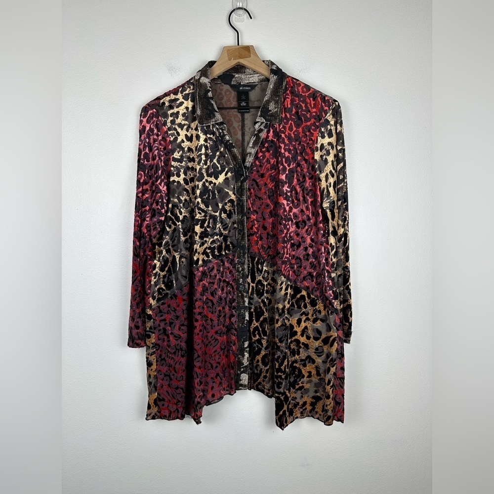 Ali‎ Miles Artsy Leopard Print Velvet Burnout Muliticolor Button Up Blouse Sz L